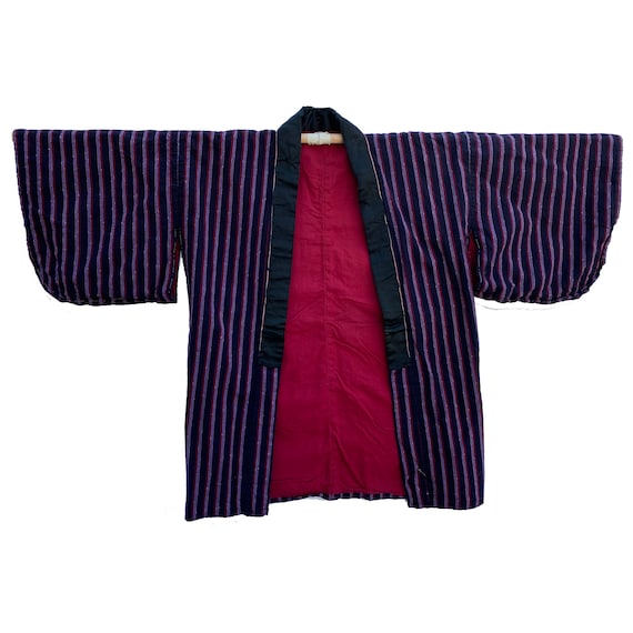 Vintage striped cotton noragi with black silk col… - image 1