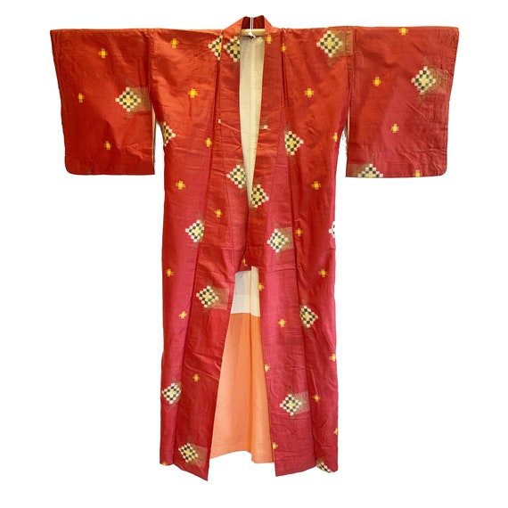 Brick red silk/cotton blend kimono with diamond g… - image 3