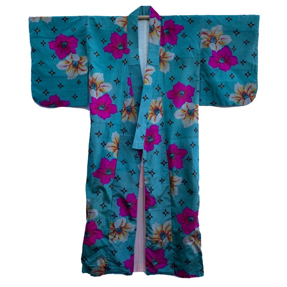 Vivid blue antique meisen silk kimono with bold f… - image 3