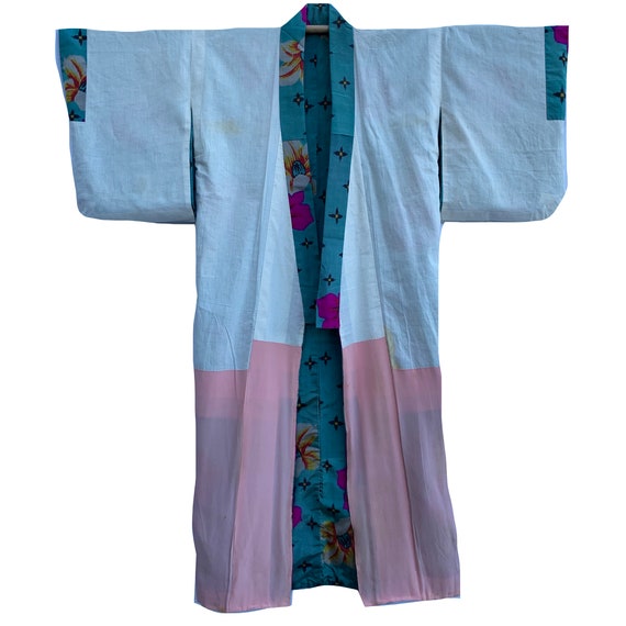 Vivid blue antique meisen silk kimono with bold f… - image 4