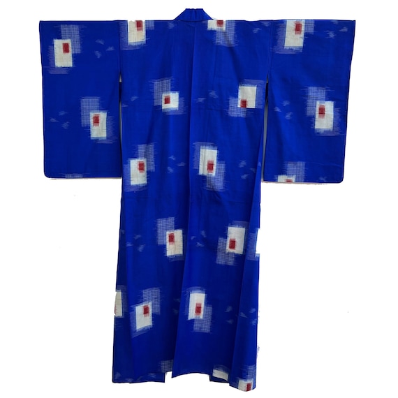 HITOE♡ Royal Blue Hitoe Silk-cotton Kimono With Pattern of Squares and