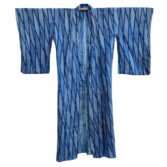 Medum blue and white cotton-hemp summer kimono wi… - image 2