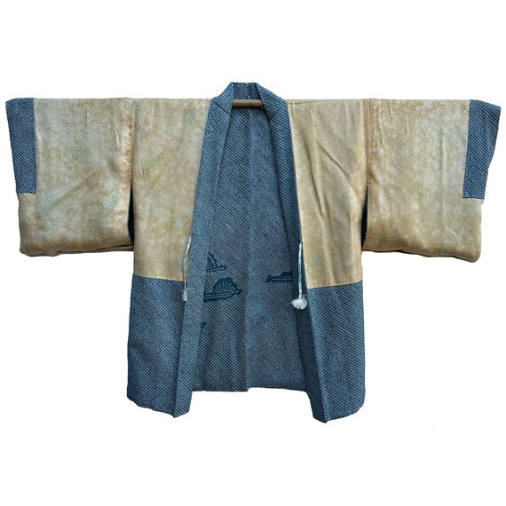 Medium blue silk shibori haori with dyed wheel mo… - image 4