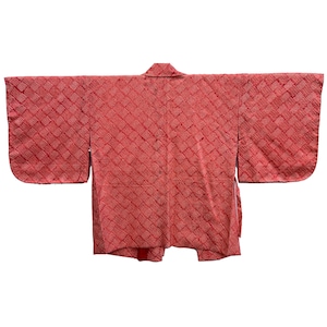 May include: A pink and red kimono with a diamond pattern. The kimono is made of a lightweight fabric and has a traditional Japanese design.