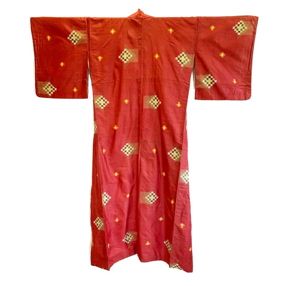 Brick red silk/cotton blend kimono with diamond g… - image 1