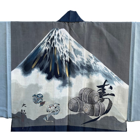Black and blue silk tsumugi mens haori with kikko… - image 5