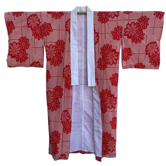 Vintage red and white nagajuban with faux shibori… - image 1