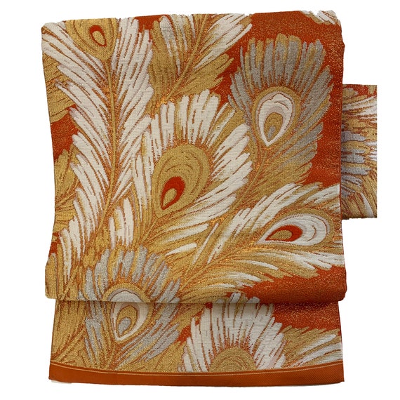 Vintage bold orange and gold silk nagoya obi with… - image 2