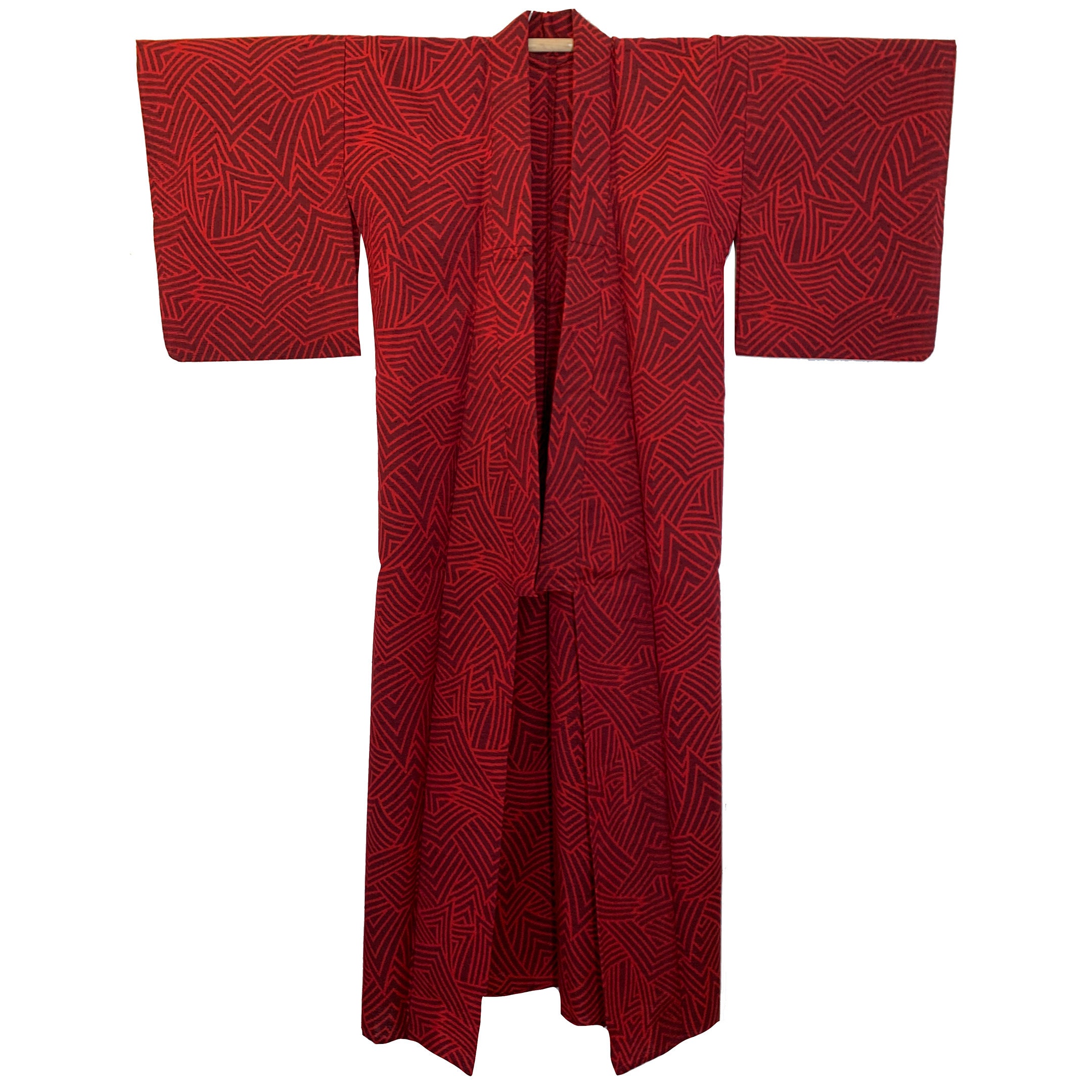 Red and Maroon Wool Hitoe Kimono With Abstract Chevron and