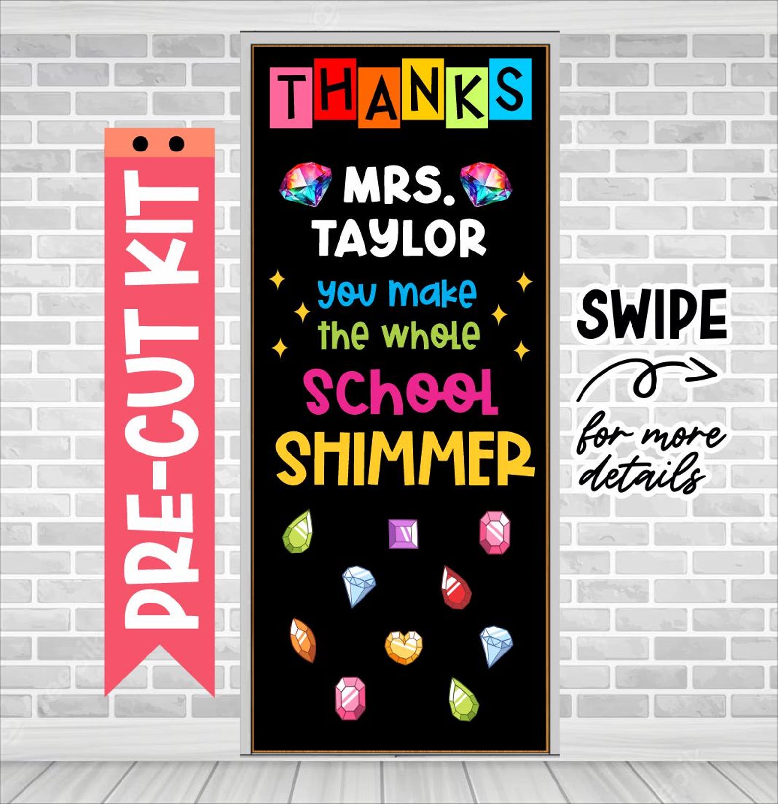 "Thanks, You Make the Whole School Shimmer" Bulletin Board – A vibrant and colorful door display designed for teacher and staff appreciation. Features a black background with multicolored text, jewel clipart, and the phrase "Thanks, You Make the Whole School Shimmer." This eye-catching pre-cut bulletin board kit is perfect for celebrating educators and school staff during Teacher Appreciation Week or any special event.