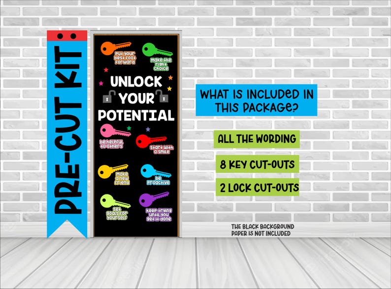 Op de afbeelding: Een zwart-witte poster met de woorden "Unlock Your Potential" en een sleutelgatontwerp. De poster bevat acht sleutel-uitknipsels en twee slot-uitknipsels. De poster bevindt zich op een achtergrond van een bakstenen muur.