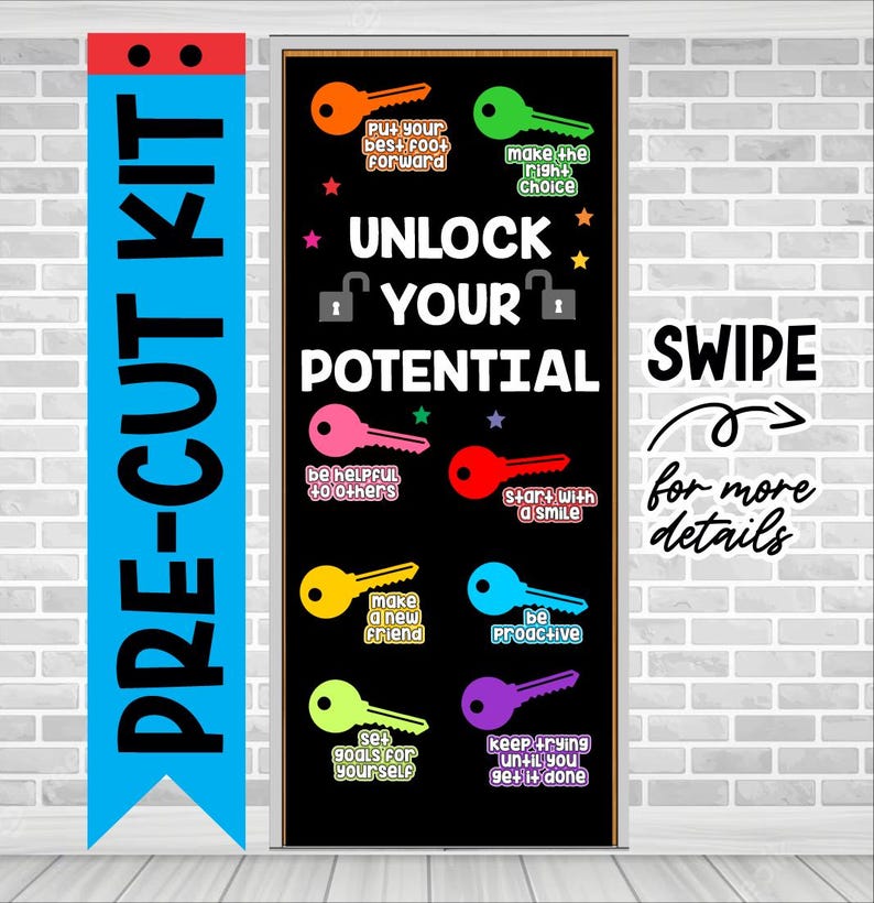 Op de afbeelding: Een zwart schoolbord met de woorden "Unlock Your Potential" in witte letters. Het schoolbord is versierd met kleurrijke sleutels en motiverende zinnen zoals "Zet je beste voet vooruit", "Maak de juiste keuze", "Wees behulpzaam voor anderen", "Begin met een glimlach", "Maak een nieuwe vriend", "Wees proactief", "Stel doelen voor jezelf" en "Blijf proberen tot je het hebt gedaan". Het schoolbord is gelabeld "Pre-Cut Kit" en heeft een blauwe rand. De woorden "Swipe for more details" zijn in wit op een zwarte achtergrond geschreven.