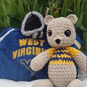 May include: A handmade crochet teddy bear with a yellow and blue striped sweater. A blue West Virginia University sweatshirt is behind the bear. The background features yellow flowers and green foliage.