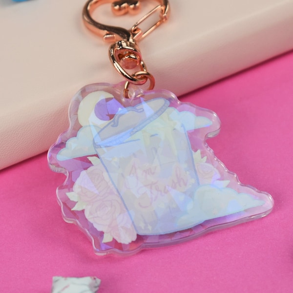 Trash Can Holographic Keychain Star Pink ~ Pastel Goth Kawaii Charm Bag Hanger Cute Gift Funny Dreamy Moon Star Cloud Sky Rose Flower