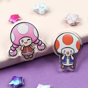 Mushroom Friends Acrylic Pin ~ Toad Couple Video Game Movie Kawaii Charm Cute Gamer Gift Art Mood Funny Relatable Nerd Geek