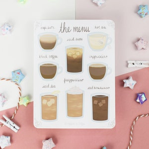 Coffee Sticker Sheet, Latte Menu Cute Kawaii Decoration Espresso Tea Drink Cafe Penpal Journal Stationery Scrapbooking Planner Beige