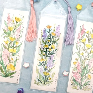Marque-pages peints à la main aquarelle fleurs sauvages ~ avec manche et pompon ~ lecteur de livre cadeau d&#39;art bibliothèque florale jardin de fleurs pastel original
