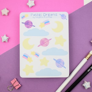 Starry Pastel Dreams Sticker Sheet Night Sky ~ Planner Journal Stationery Bujo Penpal Scrapbook Pink Purple Blue Cloud Star Planet MoonLunar