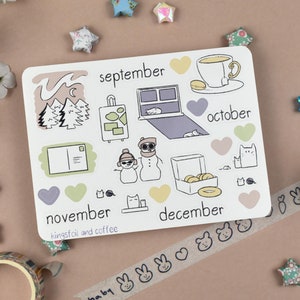 Glossy Month Planner Sticker Sheet ~ Autumn Fall Winter Cozy Deco Stickers Bullet Journal Planner Calendar Kawaii Season Cats Aesthetic