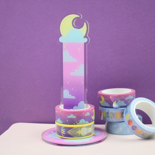 Pastel Dreams Decorative Washi Tape Stand Organizer ~ Acrylic Standee Moon Cloud Desk Aesthetic Pink Purple Stars Stationery Work