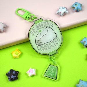Boulder is Conflicted Keychain Acrylic Charm ~ ATLA Avatar Anime Nostalgia Bag Hanger Geek Nerd Funny Fandom Fantasy Earth Green
