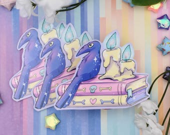 Pastel Raven Vinyl wasserfester Aufkleber ~ Wasserflasche Laptop, Cute Pastel Whimsy Goth, Buchliebhaber, Witchy Bookish
