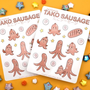Octopus Sausage Glossy Sticker Sheet ~ Cute Funny Food Deco Stickers Bullet Journal Planner Calendar Anime Kawaii Hot Dog Tako Anime Japan