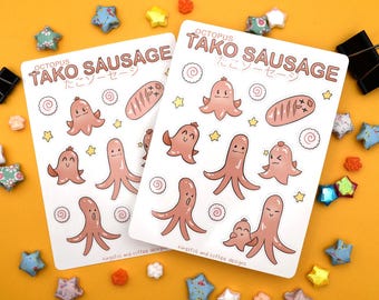 Op de afbeelding: Twee sticker vellen met de tekst "OCTOPUS TAKO SAUSAGE" in het Engels en Japans. De stickers bevatten cartoon illustraties van octopus en worstjes in roze en bruine tinten, met ster en wervel accenten. De achtergrond is geel.