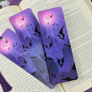 Bats Spoopy Bookmark Glossy ~ Spooky Purple Moody Dark Aesthetic Gifts for Readers Book Lovers Vampire Moon Goth Misty Tassel Night