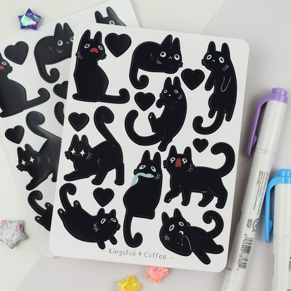 Moody Black Cats Glossy Sticker Sheet ~ Planner Journal PenPal Scrapbooking Kawaii Cute Stationery Animal Kitten Pet Derpy Funny Meme Furry