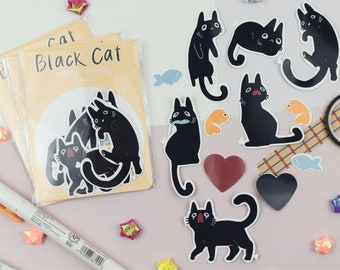 Moody Black Cats Glossy Sticker Pack ~ 12 Pcs Planner Journal PenPal Scrapbooking Kawaii Cute Stationery Animal Kitten Pet Derpy Funny Meme