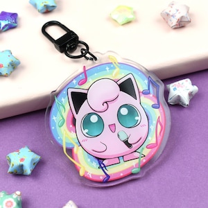 Pink Singer Creature Keychain Acrylic Charm ~ Double Sided Pastel Music Sing Monster Cat Balloon Bag Hanger Gamer Geek Nerd Rainbow