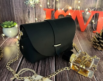 Bolso bandolera de piel negra hecho a mano: minibolso con correa de cadena