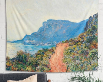 Monet Landscape Tapestry Vintage Oil Painting Nature Wall Hanging Blue Seaside Mountains The Corniche Monaco France Impressionism Decor