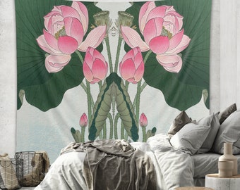 Blooming lotus flowers Tapestry Ohara Koson Wall Hanging Vintage Botanical Illustration Green Pink Flowers Bohemian Decor Japanese Art