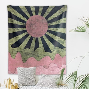 Vintage Sun Tapestry Retro Grunge 70s Sunrise Sunset Geometric Abstract Art Print Boho Wall Hanging Bohemian Decor Dorm Living Room Bedroom