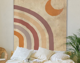 Vintage Moon Tapestry Retro 70s Rainbow Wall Hanging Beige Brown Grunge Minimal Abstract Geometric Boho Wall Decor Bohemian Dorm Decor
