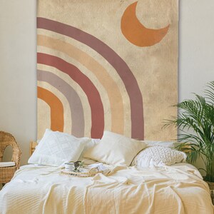 Vintage Moon Tapestry Retro 70s Rainbow Wall Hanging Beige Brown Grunge Minimal Abstract Geometric Boho Wall Decor Boho Dorm Decor