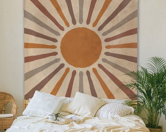 Vintage Sun Tapestry Retro 70s Grunge Minimal Geometric Abstract Art Print Boho Wall Hanging Bohemian Decor for Dorm Living Room Bedroom