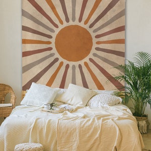 Vintage Sun Tapestry Retro 70s Grunge Minimal Geometric Abstract Art Print Boho Wall Hanging Bohemian Decor for Dorm Living Room Bedroom