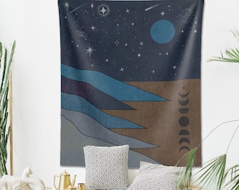 Vintage Moon Tapestry Starry Night Landscape Sea Ocean Retro Grunge 70s Celestial Oriental Boho Wall Hanging Bohemian Decor Dorm Bedroom