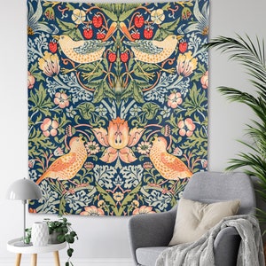 Vintage Birds Tapestry The strawberry thieves pattern by William Morris Wall Hanging Bohemian Dorm Decor Nature Leaves Trees Wildflowers
