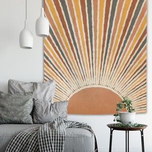 Retro Rising Sun Tapestry Vintage 70s Rainbow Sunshine Minimal Geometric Abstract Print Boho Wall Hanging Bohemian Decor Dorm Living Room