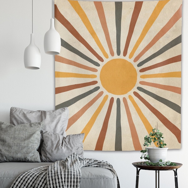 Vintage Sun Tapestry Retro Grunge 70s Minimal Geometric Abstract Art Print Boho Wall Hanging Bohemian Decor for Dorm Living Room Bedroom