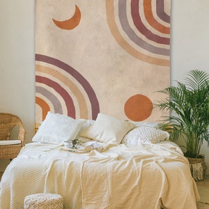 Vintage Sun Moon Tapiz Retro Grunge 70s Rainbow Wall Hanging Beige Brown Minimal Abstracto Geométrico Boho Wall Decoración Boho Dorm Decor