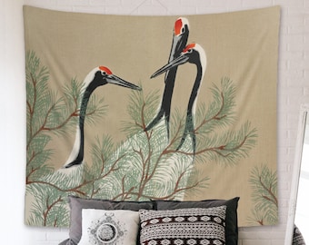Cranes Tapestry Vintage Nature Illustration Wall Hanging Botanical Print Birds Animals Retro Japanese Art Oriental Decor Kamisaka Sekka