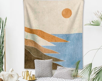 Vintage Sun Landscape Sea Tapestry Ocean Retro Grunge 70s Sunrise Sunset Geometric Abstract Boho Wall Hanging Bohemian Decor Dorm Bedroom
