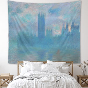 Monet Tapestry Houses of Parliament London Wall Hanging Blue Impressionism England Decor Sunset Mist Landscape Nature Retro Surreal Painting