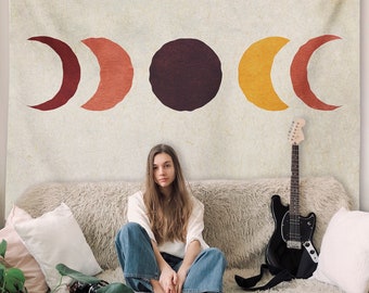 Vintage Moon Phases Tapestry Retro Moon Tapestry Bohemian Celestial Wall Hanging Beige 70s Rainbow Minimal Boho Chic Wall Decor Dorm Bedroom