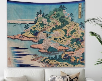 Hokusai Tapestry Japanese Art Landscape Boats and Island Mountain Wall Hanging Blue Oriental Dorm Decor